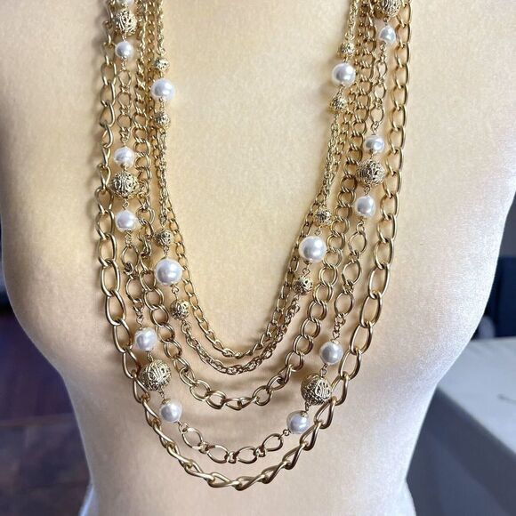 Gold-Tone Faux Pearl Bead Multi Chain Statement Necklace 34.5 in 5 Strand - Picture 15 of 16